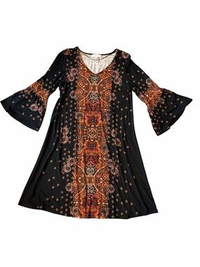 Women's New Directions Long Sleeve Dress M Black Orange Patterned